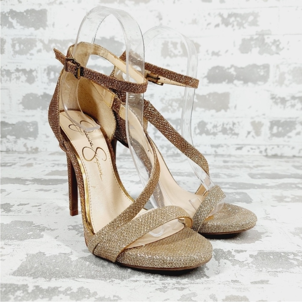 Jessica Simpson Ombré Gold Open Toe Ankle Strap High Heel Stilettos - Picture 4 of 5